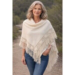 Simply Natural Alpaca Triangle Shawl Fringe Crochet Floral Boho Wrap Peru NWT